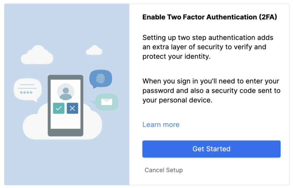 User enabling two-factor authentication on their account for added security.